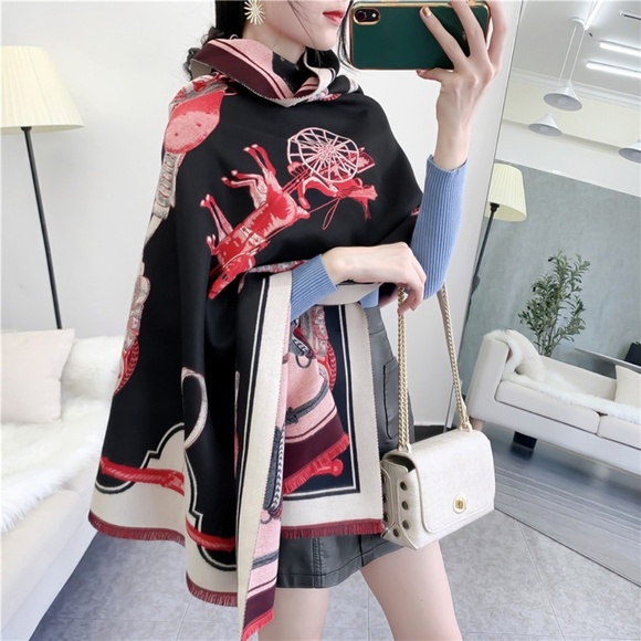 Elegant Luxury Women's Fashion Black Red Horse Link Wrap Rectangle Scarf​ - Picture 8 of 8